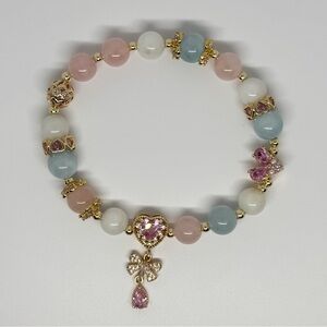 Natural Aquamarine, Moonstone, and Madagascar Rose Quartz Crystal Bracelet